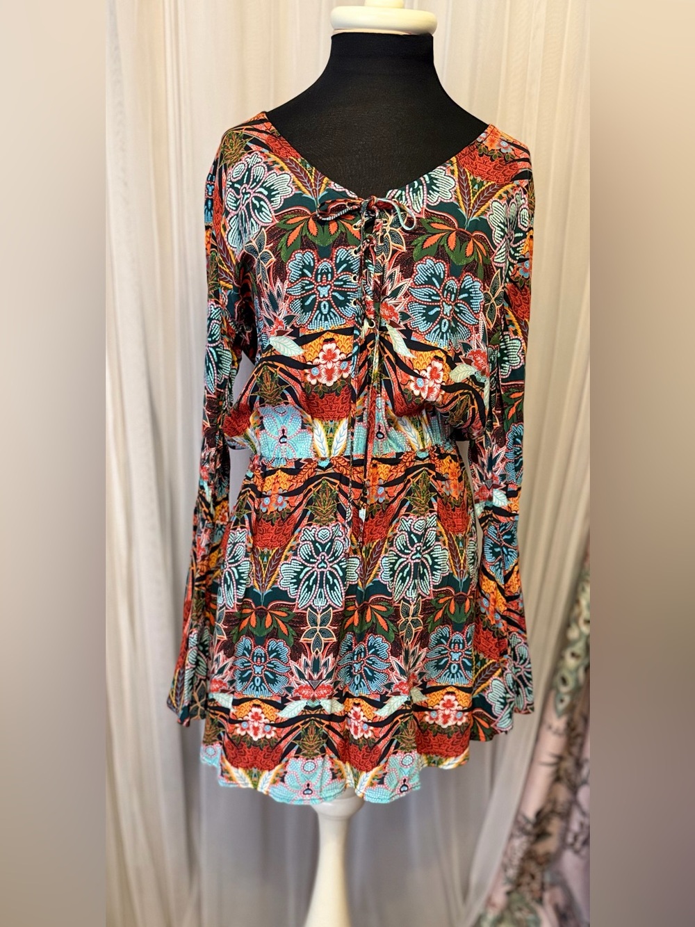 Kenneth Cole New York Boho Floral Dress Lace Up Bell Sleeve Multicolor